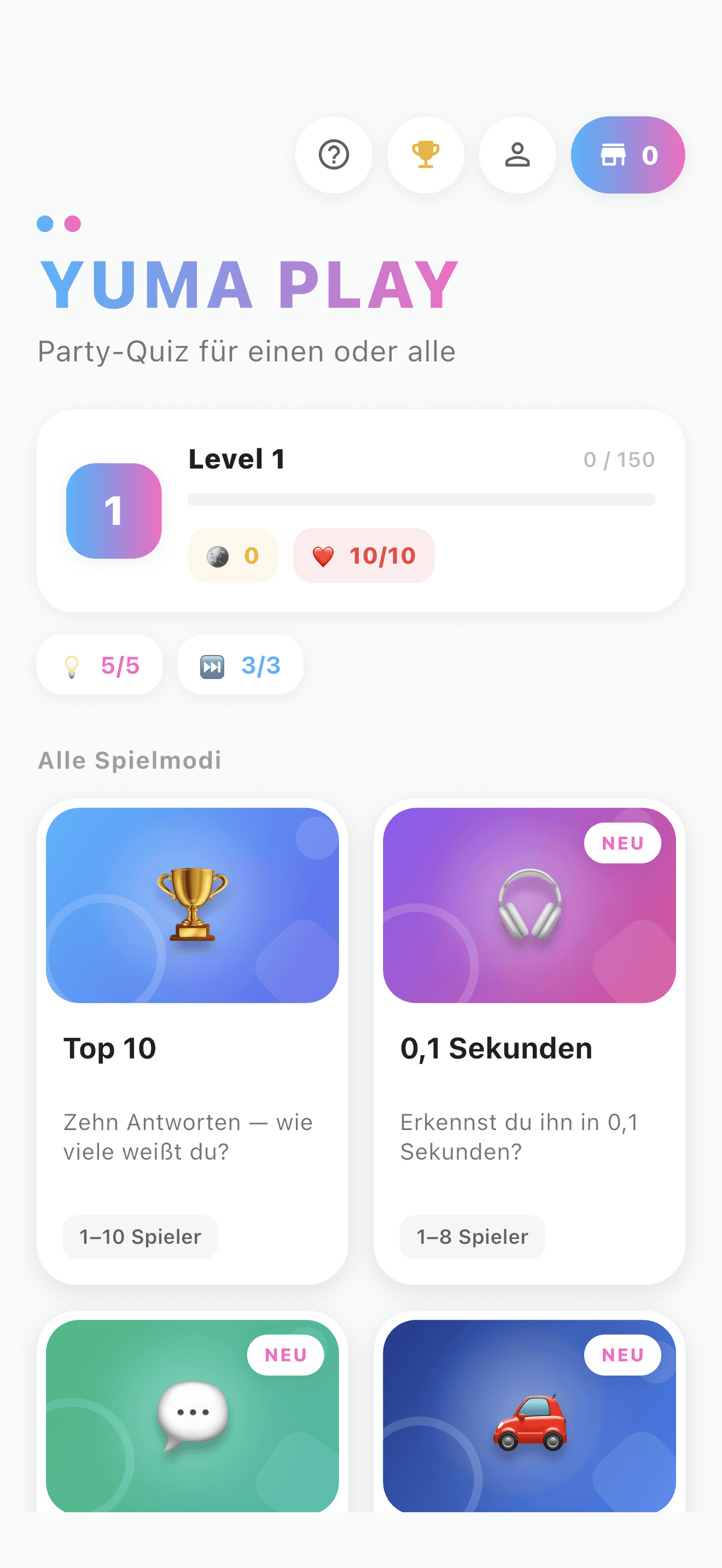 Die Startseite von YUMA PLAY mit den Spielmodi